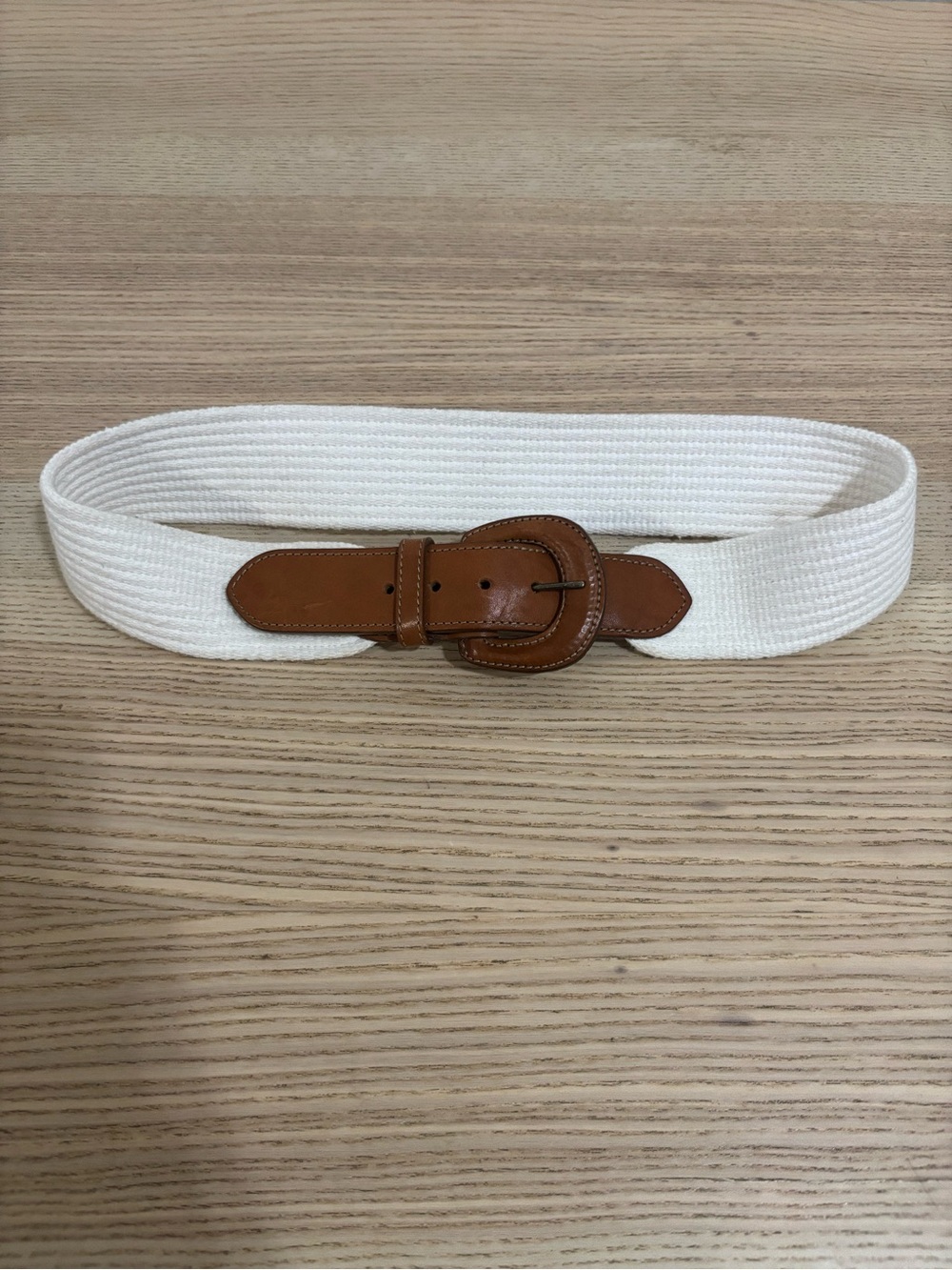 Vintage Lands End Woven White Rope and Leather Belt Size 30